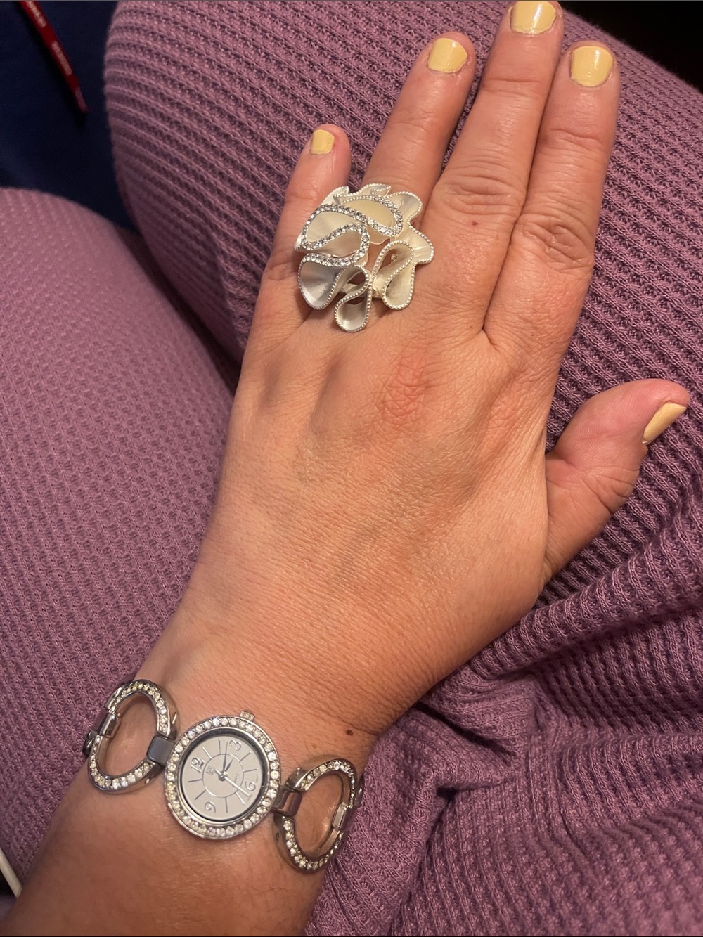 Silver Floral Statement Ring with Silver Watch Elegant Women's Accessories